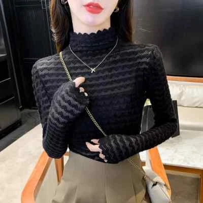 Maglia Sottogiacca Donna Aderente Slim Lupetto Collo Alto Nero Pizzo 40300 - Immagine 1 di 3