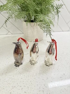 Vintage Chrom Keramik Scheune Pinguin Christbaumschmuck selten Rarität 3" 3er Set - Bild 1 von 7