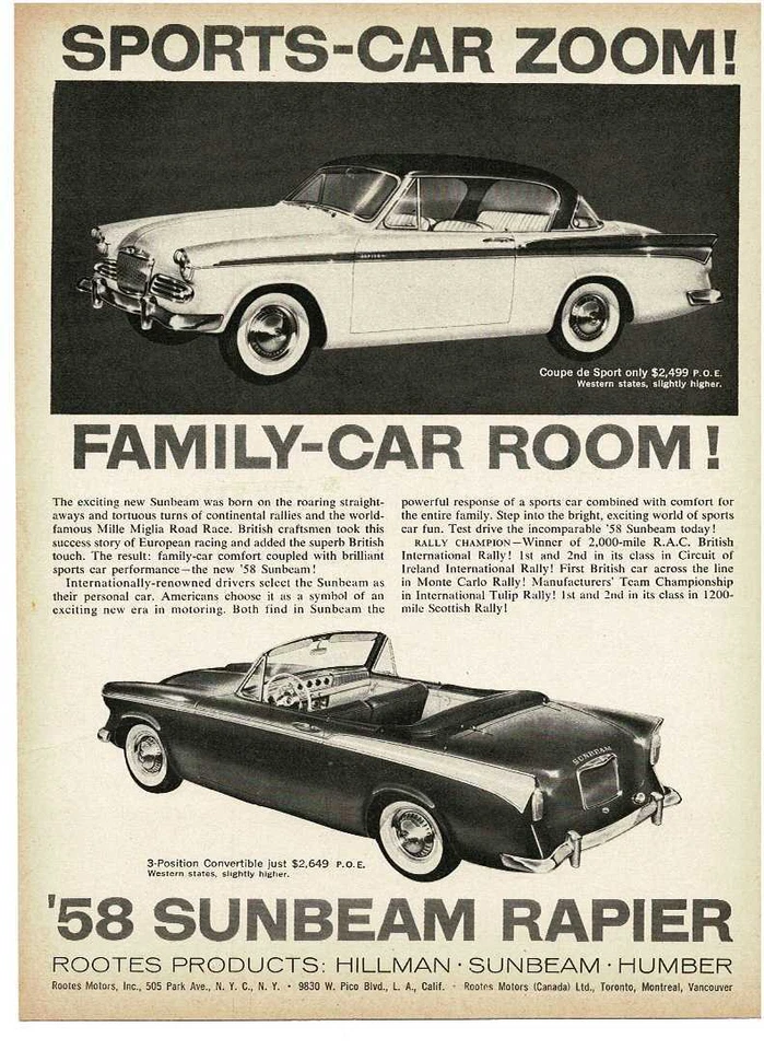 1958 SUNBEAM рапира кабриолет, купе de Sport винтажная печатная реклама - Изображение 1 из 1