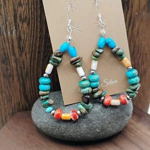 Long Beaded Teardrop Shaped Hoop Dangle Earrings Turquoise Coral Sterling Silver - Picture 1 of 3