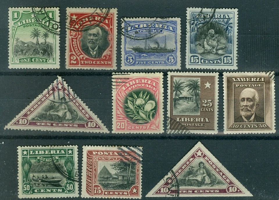 Liberia 1909-12 set of 11, used #115-25 ship, canoe, triangle - Image 1 of 1