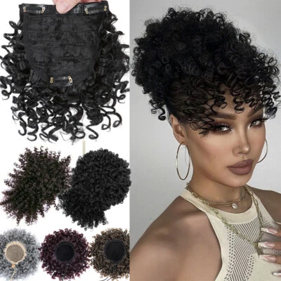 Afro Curly Bangs Fringe Hairpiece Clip In Extension Bun Hair Ponytail Kinky Updo - Image 1 of 4