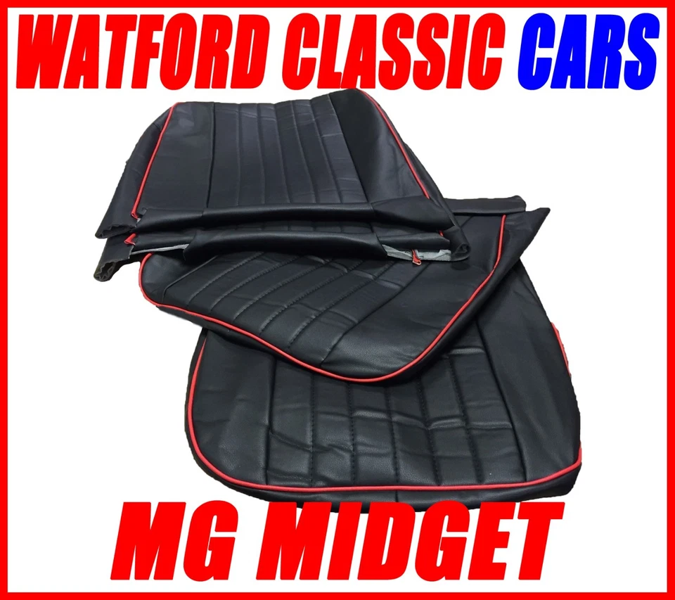 Par de fundas de asiento MG Midget/Sprite 1970-1981 aspecto de cuero negro/rojo Foto 1 de 4