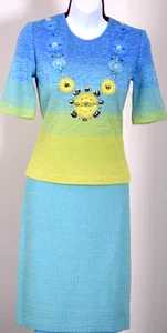ST.JOHN Women's Blue Teal Yellow Green Studs Rhinestone Top & Skirt Sz 4-6 - Picture 1 of 8