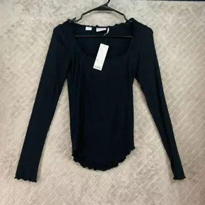 Out From Under Womens S T Shirt Black Long Sleeve Ribbed Lettuce Hem Square Neck - Picture 1 of 13