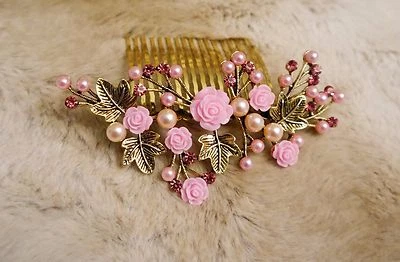 Accesorio para el cabello nupcial dorado rosa perla, peines para el cabello regreso a casa novia criada Foto 1 de 2