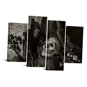 4 Piece Skull Canvas Wall Art Vintage Cool Human Skull with Flower Picture - Picture 1 of 7