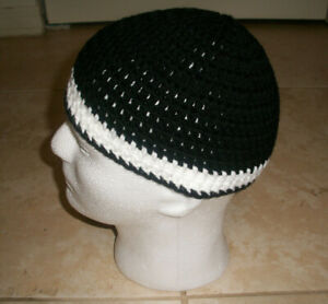 Handmade Crochet BLACK & (1) WHITE STRIPE Skull Cap Kufi Beanie Hat Topi Harley 