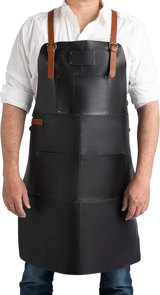 Delantales de cuero negro para hombre delantal cruzado con bolsillos - Imagen 1 de 4