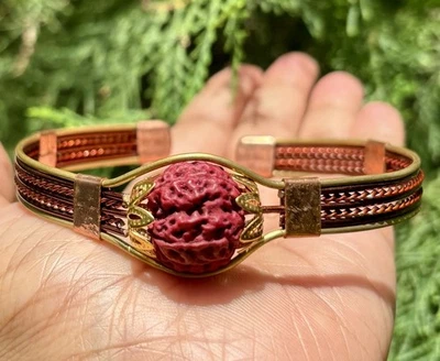 1Pc Pure Ashtadhatu Copper Brass Silver Healing Bangle Cuff Bracelet Rudraksha - Image 1 of 4