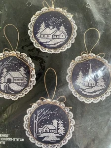 Snow Scenes Vintage Bucilla Christmas Ornament Cross Stitch Kit Set of 4 NIP - Picture 1 of 11