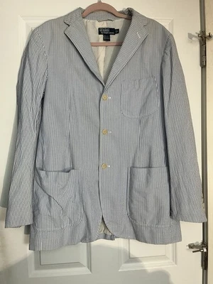 RALPH LAUREN VNTG POLO BLUE WHITE SEERSUCKER STRIPE SPORT COAT JACKET 3 BUTTON - Image 1 of 4