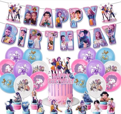 K-Pop Demon Hunters Birthday Party Supplies Set Flag Banner Cake Toppers Balloon