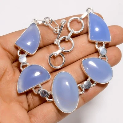 Модные ювелирные изделия браслет из серебра 925 пробы с голубым халцедоном 6-8 дюймов ARB-1554 - Изображение 1 из 3