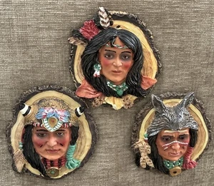 Native American Magnet 3D Resin Fridge Artwork 2 Warriors & 1 Woman Heads Decor - Picture 1 of 9