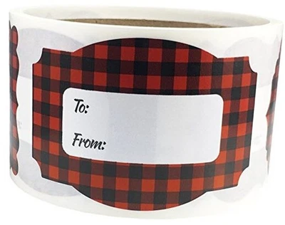 Red Buffalo Plaid Christmas Gift Tag Stickers – 2 x 3 Inch Holiday Labels,  - Image 1 of 4