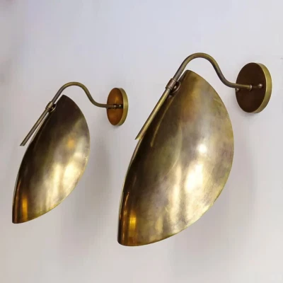 Set Of 2 Mid-Century Italian Brass Wall Sconce with Handmade Curved Disk Shades - Image 1 of 4