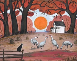 8x10 print of painting RYTA Halloween Black Cat farm house Autumn art landscape - Picture 1 of 1