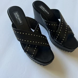 PEDRO GARCIA LEATHER CROSS STRAP PLATFORM WEDGE SANDALS BLACK SIZE 9.5 NWOT - Picture 1 of 17