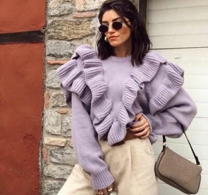 ZARA Bloggers Favourite Lilac Frill Ruffle Knitted Jumper S - Picture 1 of 14