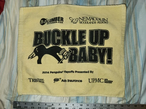PITTSBURGH PENGUINS BUCKLE UP BABY! GOLD RALLY TOWEL 17"x14" UPMC TRIB AAA Cover