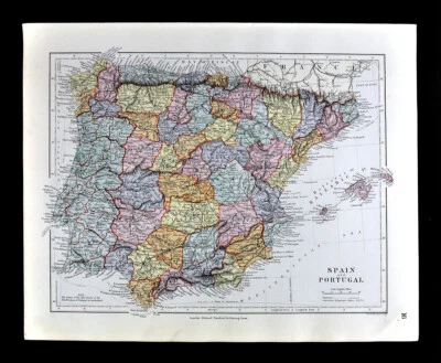 1885 Stanford Map Spain Portugal Lisbon Porto Madrid Toledo Barcelona  Antique - Image 1 of 4