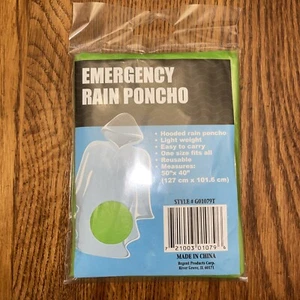 Emergency Rain Poncho Hooded Light Weight One Size Reusable 50” By 40” - Picture 1 of 5