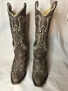 Koralle Damen Stiefel Cross Wings Western Snip Toe braun/weiß Intarsien Handarbeit - Bild 1 von 9