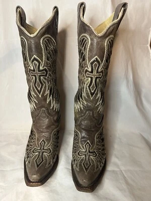 Coral Women’s Boots Cross Wings Western Snip Toe Brown/White Inlay Handcrafted - Image 1 of 4