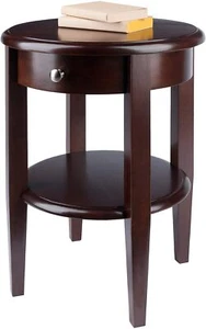 Walnut Finish Wooden Accent Table End Side Round Top Drawer Shelf Plant Pedestal - Picture 1 of 6