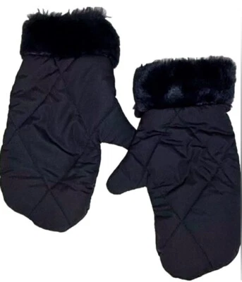 无品牌女式黑色连指手套缎面感觉非常柔软人造毛皮袖口  — 第 1/4 张图片