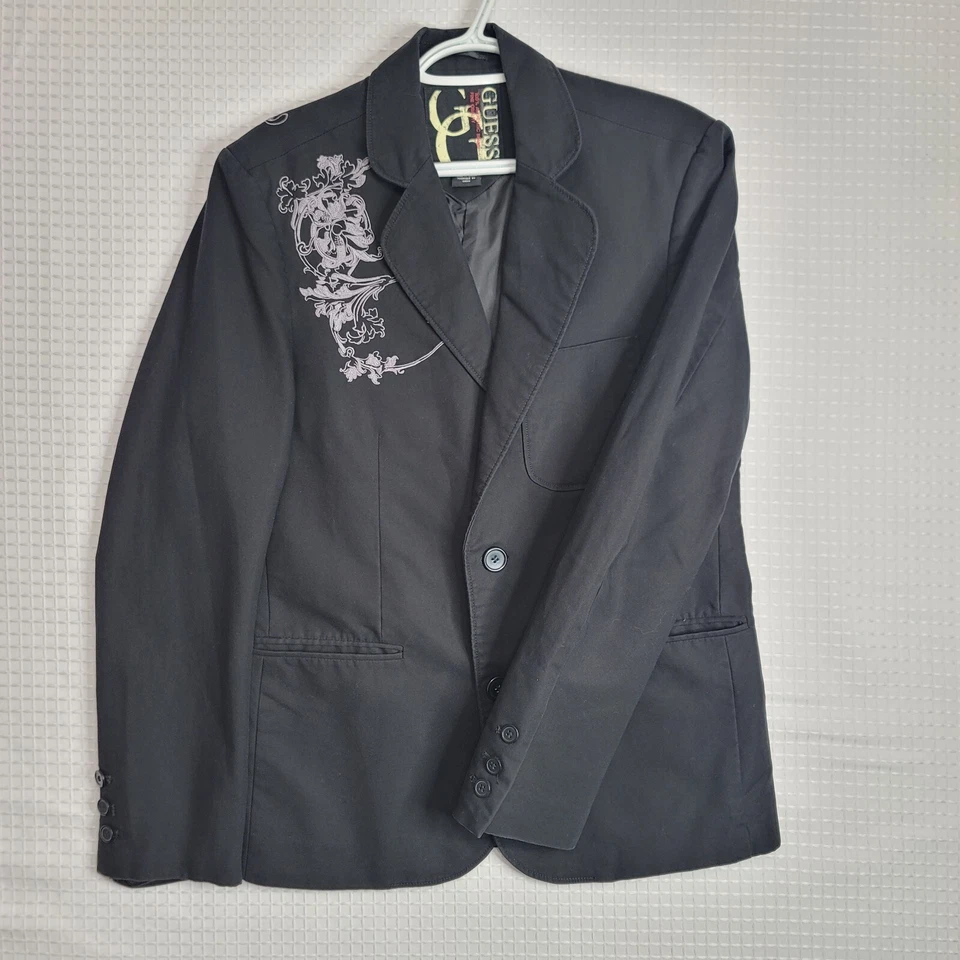 GUESS S/P 100% Algodón Denim Negro Floral Bordado Botón Bolsillos Forrados  Foto 1 de 4