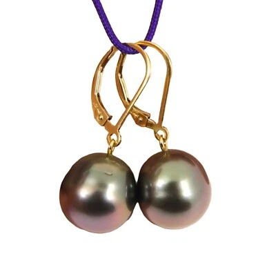 Genuine Peacock Tahitian Pearl Lever-back Dangle Earrings,14K Gold Filled #SE469 - Image 1 of 4