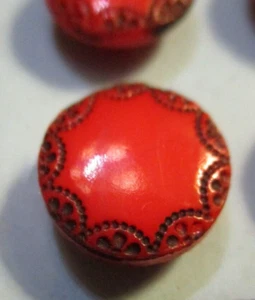 Set of 6~Vintage 3/8" Red black Lace edged Glass Buttons~Pre WWII NOS - Picture 1 of 3