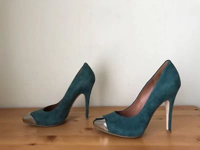 $495 SIGERSON MORRISON Womens sz 6B  green suede silver cap toe pumps shoes  - Image 1 of 4
