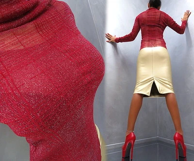 Sexy sheer blouse Chemisier blusen red bordeaux fetish with high heels M shirt - Immagine 1 di 4