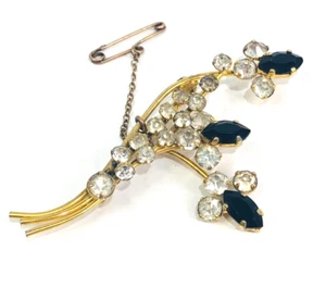 Vtg Gold Tone Austrian Crystal Brooch Pin Art Deco Style Clear Black Leaf Flower - Picture 1 of 8