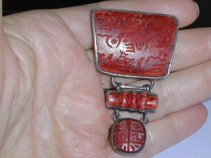 WOW~ JLR- JANICE LEE RIPLEY LARGE STERLING CARVED TRIBAL CINNABAR BROOCH! - Picture 1 of 4