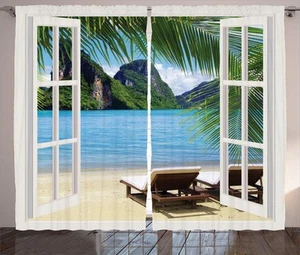 Nautical Home Curtains, Ocean Beach Seascape Sunbeds Balcony Window View Trop... - Picture 1 of 2