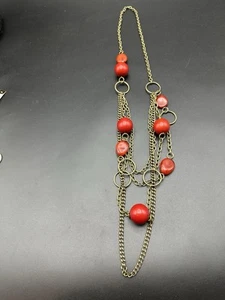 3-tier Bid Statement Coral Red Chunky Resin Bead Copper Chain Necklace 5oz 40” - Picture 1 of 6