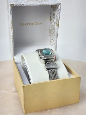 Reloj pulsera Charter Club para mujer Aqua Stone cubierta abatible tono plateado 25 mm Foto 1 de 4