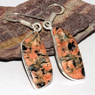 Brincos feitos à mão de pedra preciosa folheados a prata 925 Unakite 1,8" joias robustas GW - Imagem 1 de 3