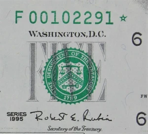 LOW 384K SINGLE RUN ISSUE $5 1995 CU Star FRN F00102291* five $ Back Plate ERROR - Picture 1 of 3