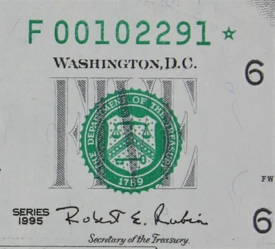 LOW 384K SINGLE RUN ISSUE $5 1995 CU Star FRN F00102291* five $ Back Plate ERROR - Image 1 of 3