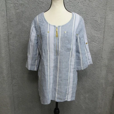 Camisa túnica Ellen Tracy para mujer extra grande azul blanco lino rayas bolsillos con cremallera Foto 1 de 4