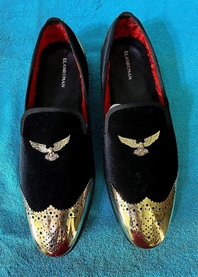 ZAPATOS ELEGANTES ELANROMAN PARA HOMBRE DE TERCIOPELO NEGRO METAL DORADO RIBETE ÁGUILA TALLA 48EU / 14US Foto 1 de 4