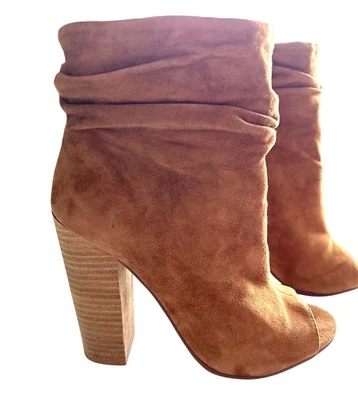 Botas de lavanderia chinesas louro camurça marrom tornozelo peep toe puxar franzido tamanho 7.5 - Imagem 1 de 4