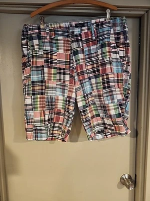 Gap KHAKIS Lived In Madras Patch Shorts Plaid Mens size 36 Preppy Hippie  - Image 1 of 4