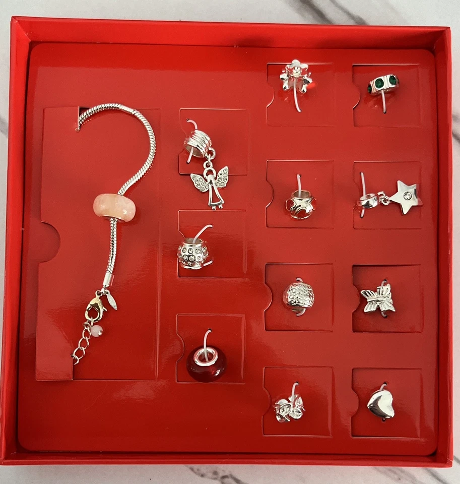 Avon Charms Bracelet Set Silver Tone Cherished Memories Hearts Angel Rhinestones