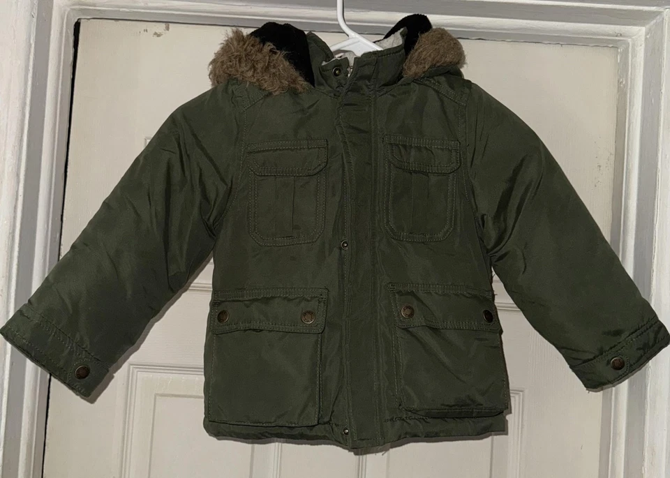 Carter's Jacket Boys 3T Green Parka Hooded Faux Fur Trim Sherpa Lined Winter - Image 1 of 3